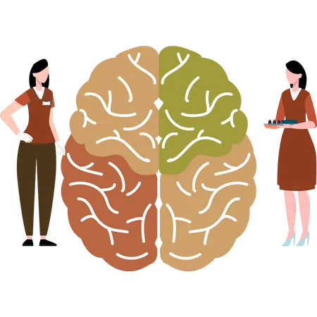 Two girls standing with brain pills  Illustration