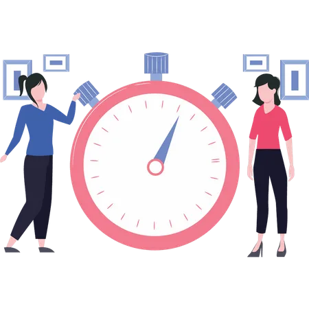 Two girls standing with stopwatch  Illustration