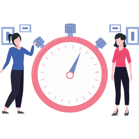 Two girls standing with stopwatch  Illustration