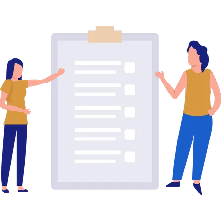 Two girls talking about document on clipboard  Illustration