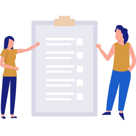 Two girls talking about document on clipboard  Illustration