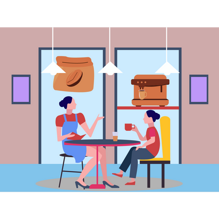 Two girls talking and drinking coffee  イラスト