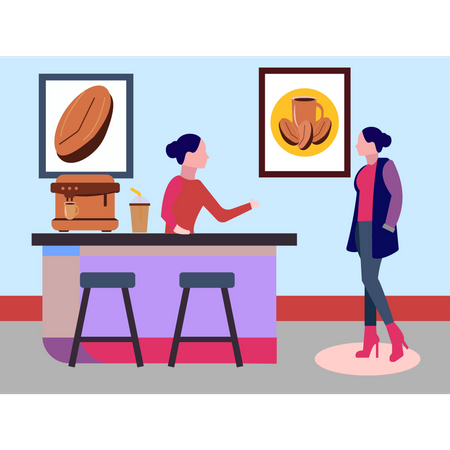 Two girls talking at counter  Illustration