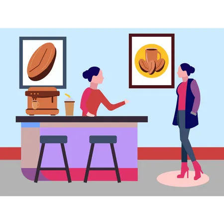 Two girls talking at counter  Illustration