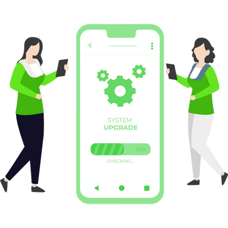 Two girls updating mobile system  Illustration