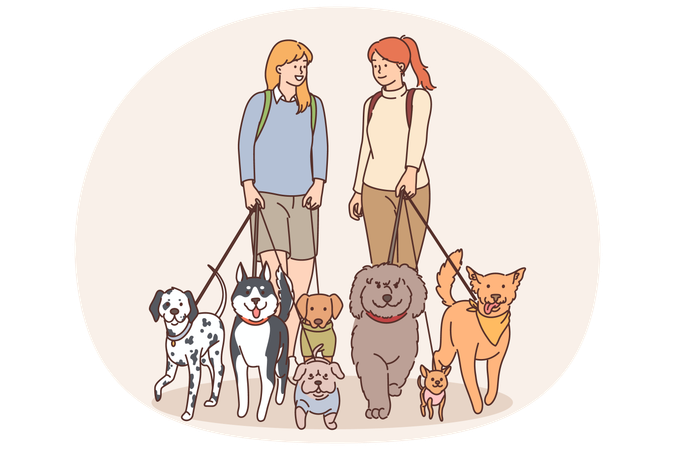 Two girls walk dogs on leashes in park and communicate enjoying spending time with animals  Illustration