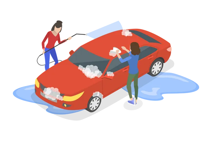 Two girls washing car  Illustration