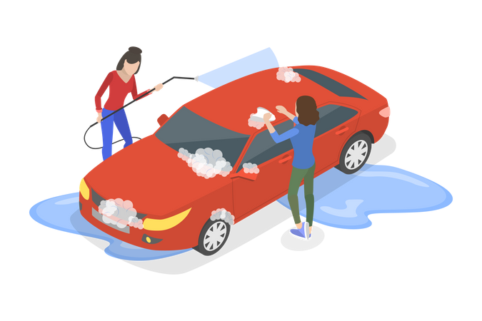 Two girls washing car  Illustration