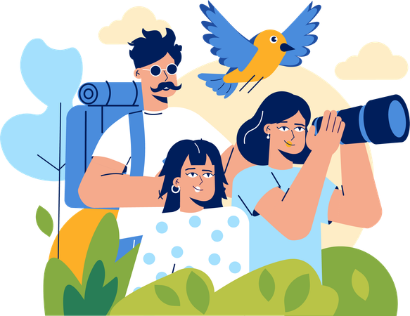 Two girls with man watching bird using telescope  Illustration