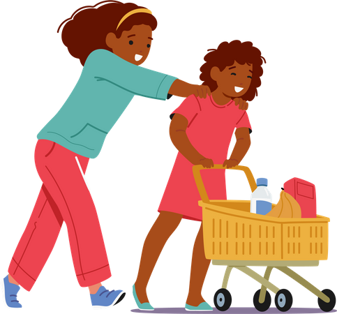Two Girls with Shopping Cart in Supermarket  Illustration