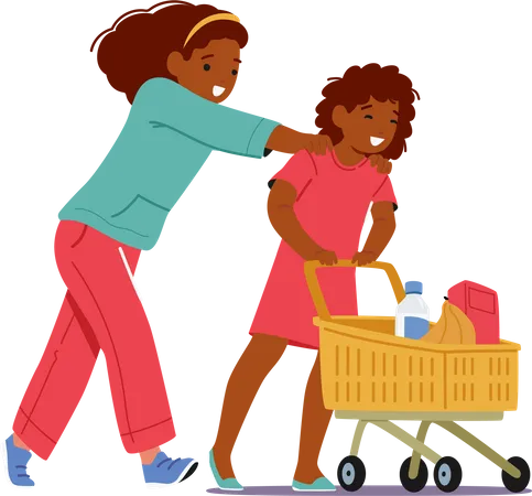 Two Girls with Shopping Cart in Supermarket  Illustration