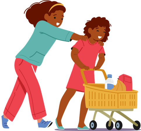 Two Girls with Shopping Cart in Supermarket  Illustration