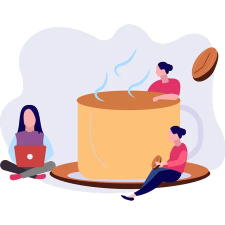 Two girls working and drinking coffee  Illustration