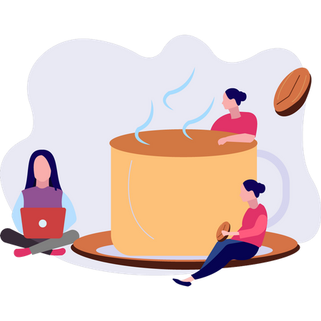 Two girls working and drinking coffee  Illustration