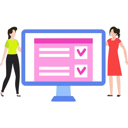 Two girls working on checklist  Illustration