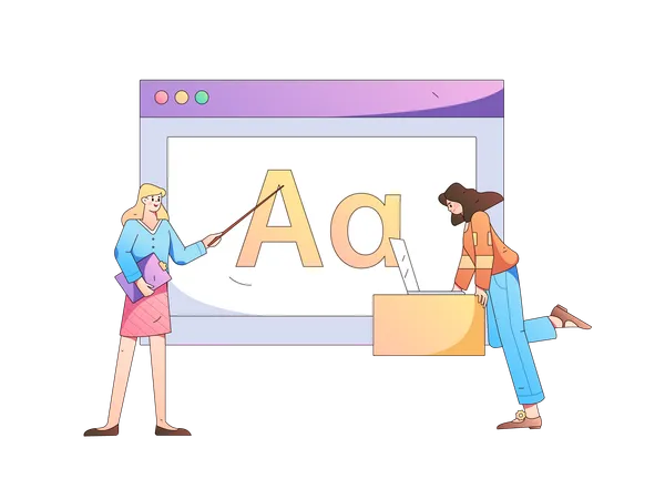 Two girls working on website text  Illustration