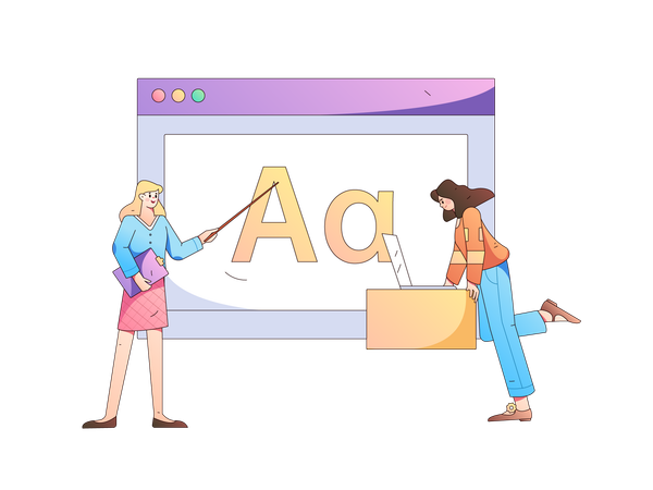 Two girls working on website text  Illustration