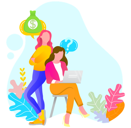 Two girls working together with laptop Illustration