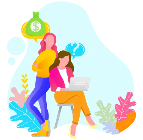 Two Girls Working Together With Laptop Business Strategy Planning Meeting Of Managers Woman Sitting With Computer And Typing Colorful Leaves On Background Money Bag With Dollar Sign Vector Illustration
