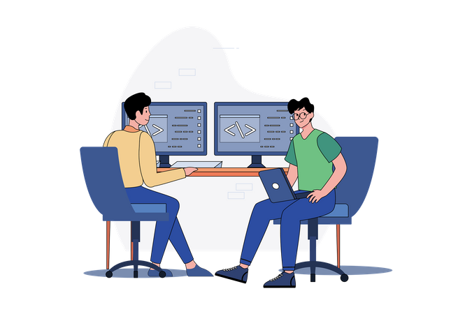 Two Guys Are Writing Code For App Or Website  Illustration