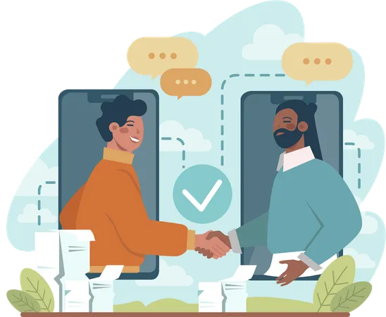 Two guys doing online business deal  Illustration