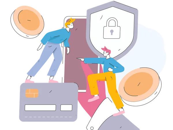 Two guys doing secure payment using credit card  Illustration