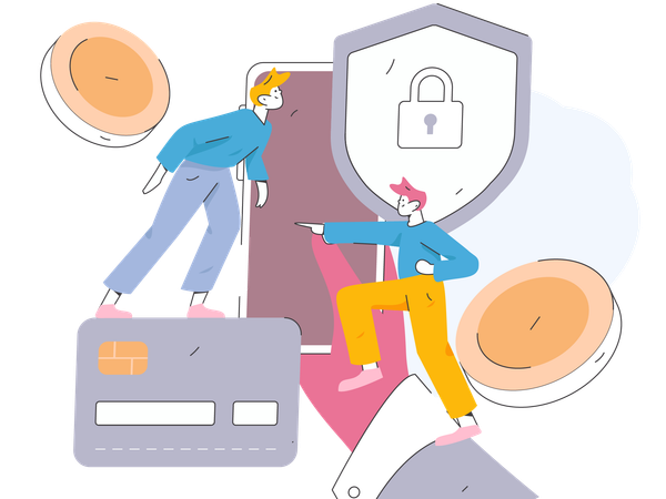 Two guys doing secure payment using credit card  Illustration