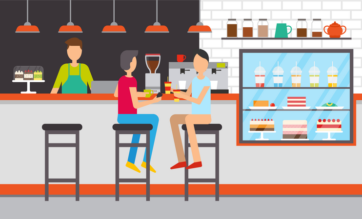 Two guys enjoying coffee in cafe  Illustration