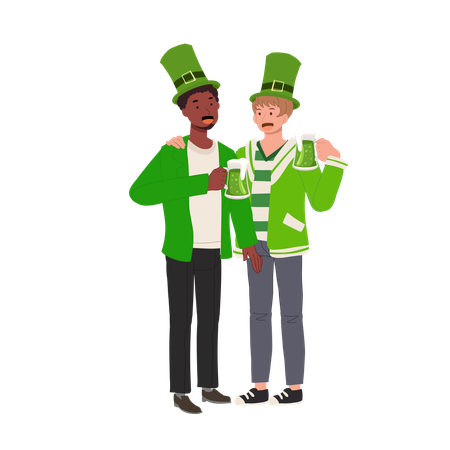 Two Guys Enjoying Green Beer on St Patrick's Day  イラスト