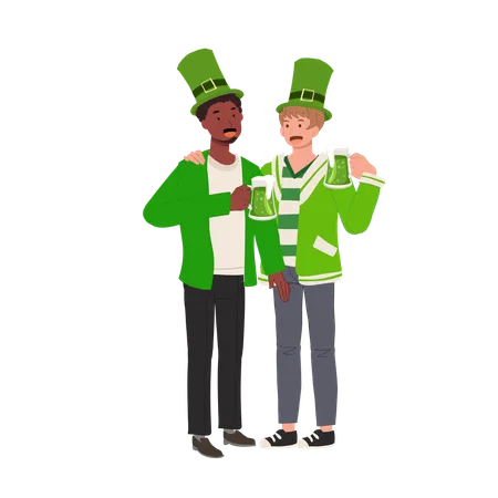Irish Cultural Celebration Festive St Patricks Day Party Two Guys Enjoying Green Beer Illustration