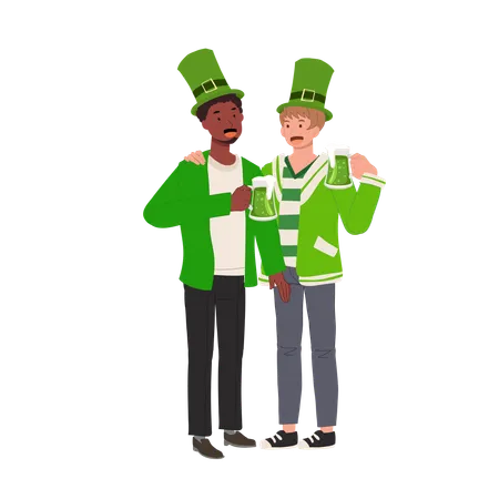 Two Guys Enjoying Green Beer on St Patrick's Day  Illustration