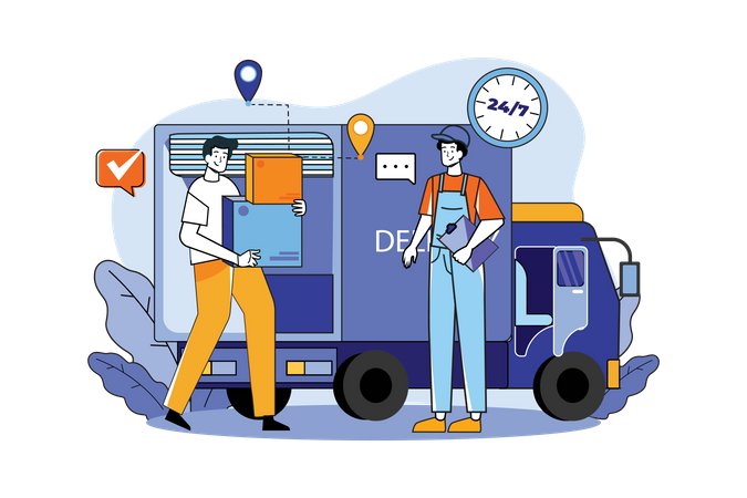 Two Guys Getting Ready To Ship Cargo By A Delivery Truck  Illustration