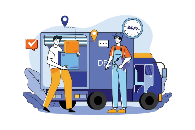 Two Guys Getting Ready To Ship Cargo By A Delivery Truck  Illustration