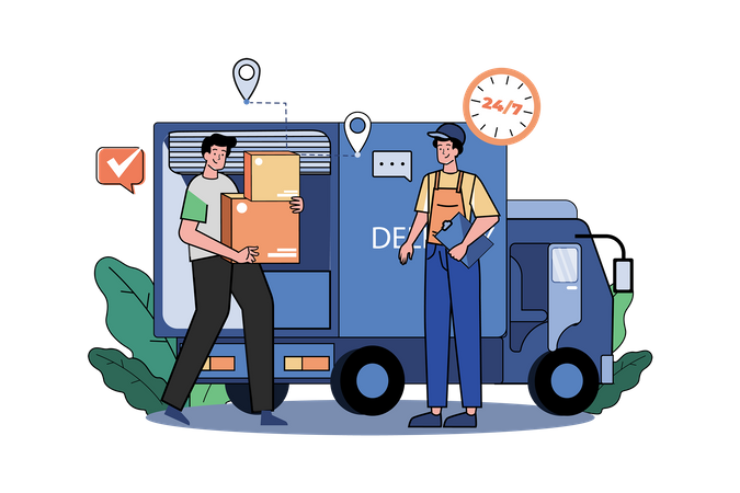 Two Guys Getting Ready To Ship Cargo By A Delivery Truck Illustration