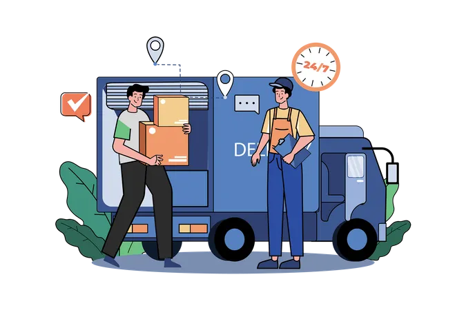 Two Guys Getting Ready To Ship Cargo By A Delivery Truck  Illustration