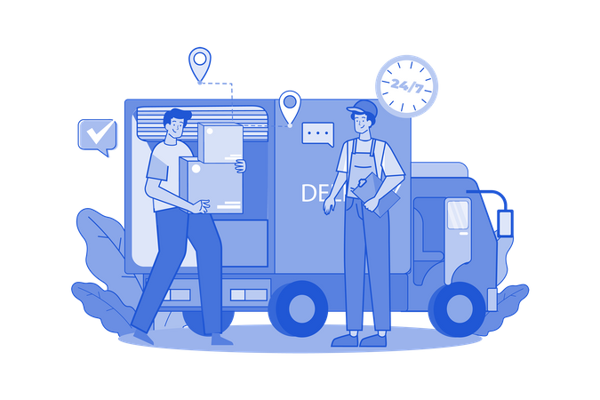 Two guys getting ready to ship cargo by Delivery Truck  Illustration