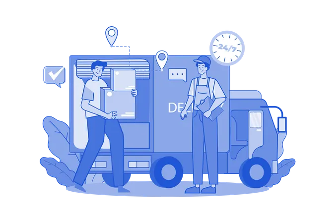 Two Guys Getting Ready To Ship Cargo By A Delivery Truck Illustration