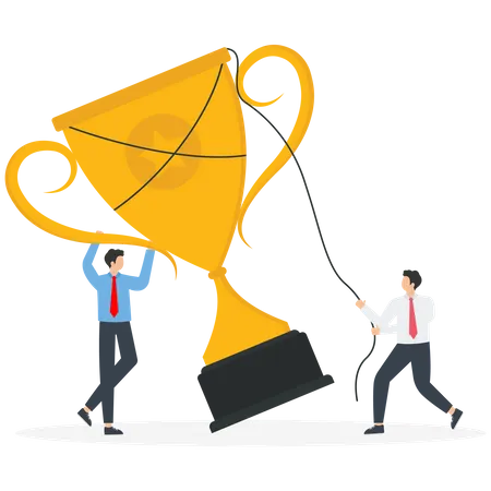 Teamwork To Achieve The Highest Result In Work Brainstorming To Find The Right Strategy And Business Prosperity Cooperation And Partnership To Achieve Goals And Win Two Businessmen Raise The Cup Vector Illustration