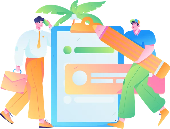 Two guys working on business plan list  Illustration