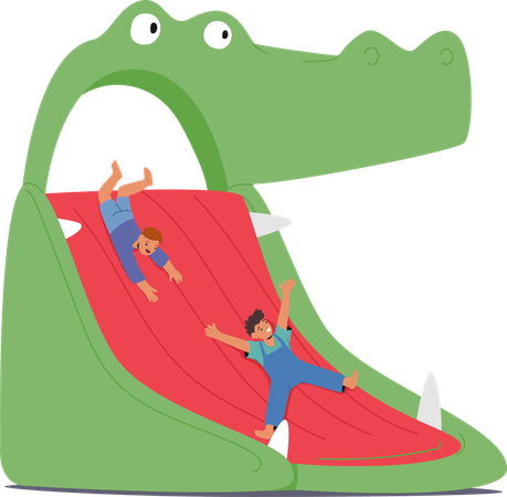 Two Happy Children Enjoy  Fun Day As They Slide Down Giant Crocodile  Illustration