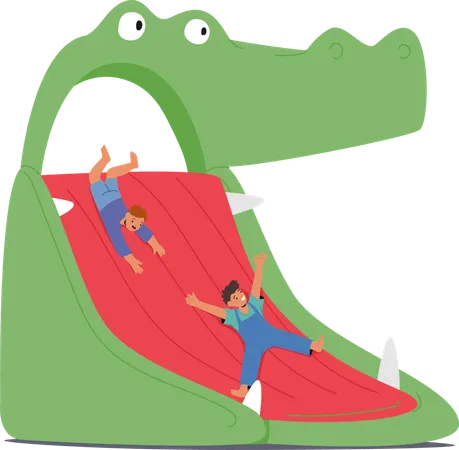 Two Happy Children Enjoy  Fun Day As They Slide Down Giant Crocodile  Illustration