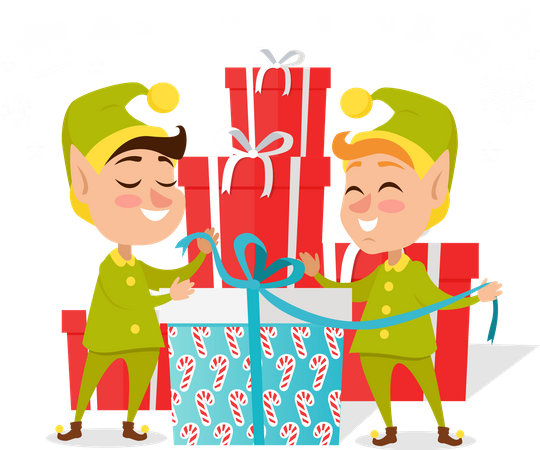 Two Happy Elves with Present  イラスト
