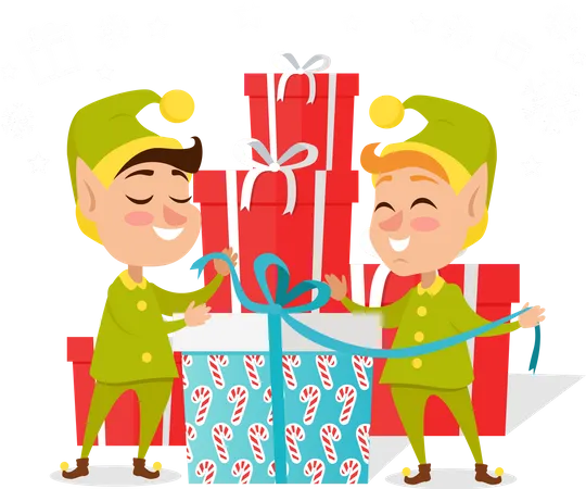 Two Happy Elves With Big Present Worn In Green With Yellow Costumes And Hat Vector Illustration Of Pixies With Gift Pack For Children Pattern Of Candies On Box With Blue Ribbon Illustration
