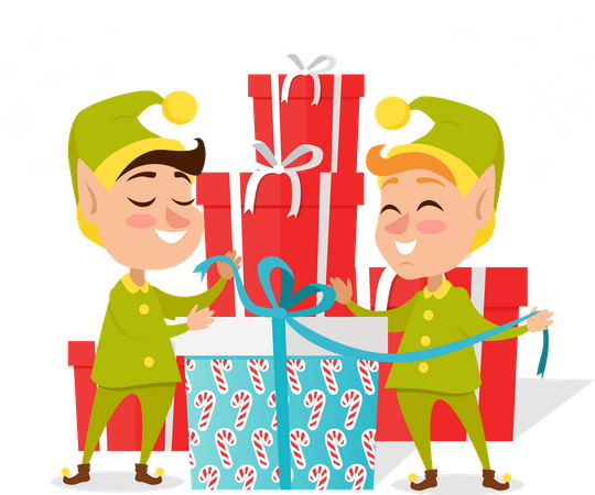 Two Happy Elves with Present  Illustration