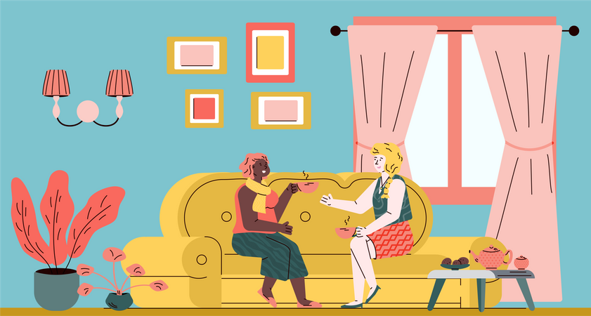 Two happy female friends drinking tea on sofa in cozy living room interior  일러스트레이션