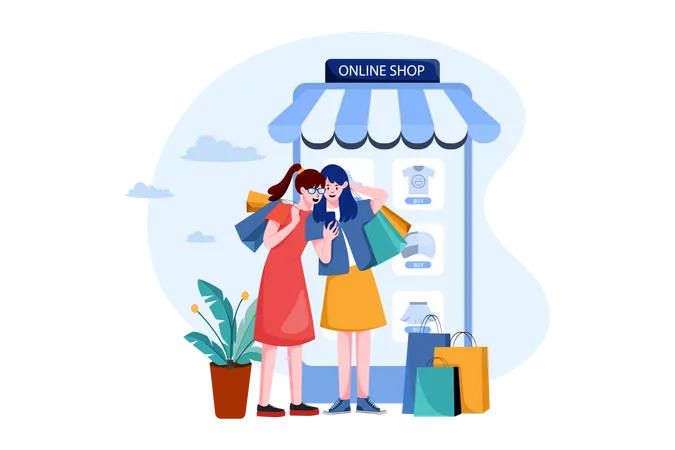 Two happy women go shopping online Illustration