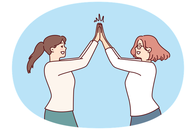 Two happy women rejoice high five greet each other after long-awaited meeting  Illustration
