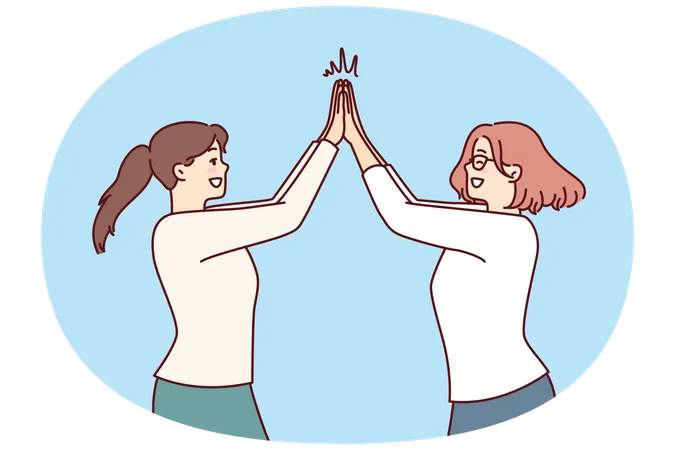 Two happy women rejoice high five greet each other after long-awaited meeting  Illustration