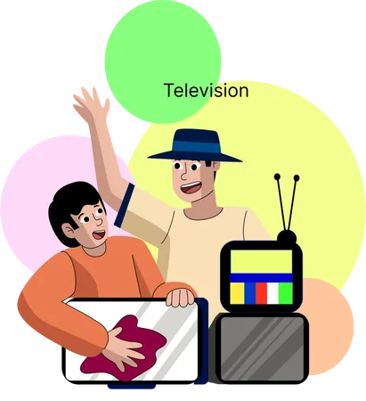 Two individuals enjoying a nostalgic moment with an old-style television  Illustration