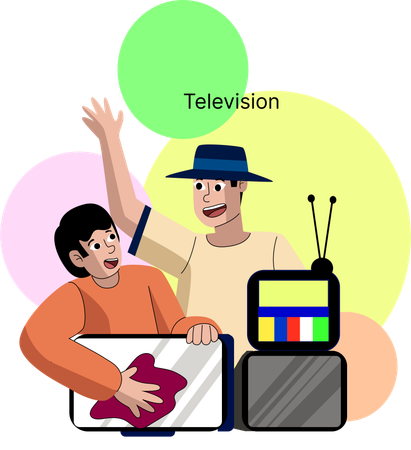 Two individuals enjoying a nostalgic moment with an old-style television  Illustration